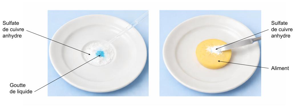Deux expériences montrant le test au sulfate de cuivre anhydre.