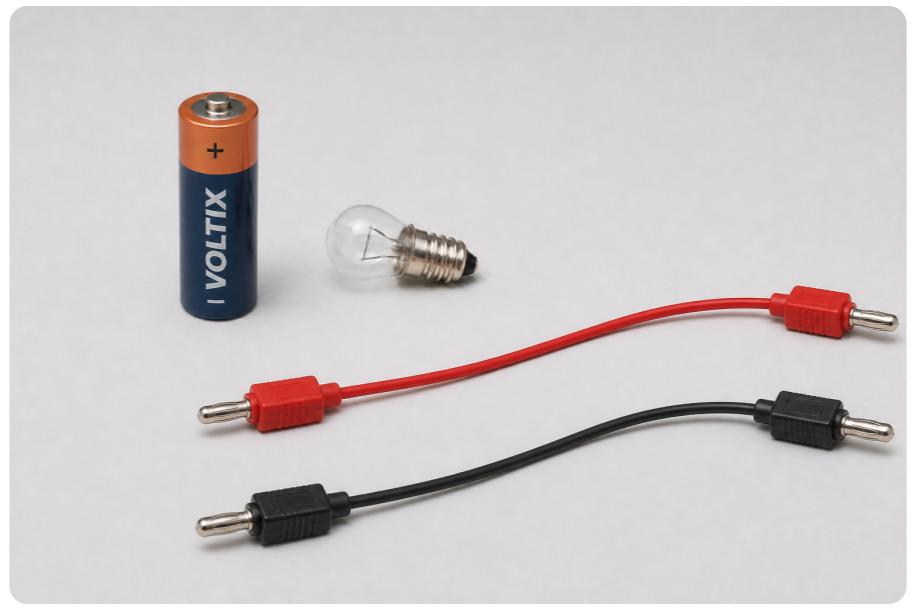 Photo d'une pile, une ampoule et deux fils électriques